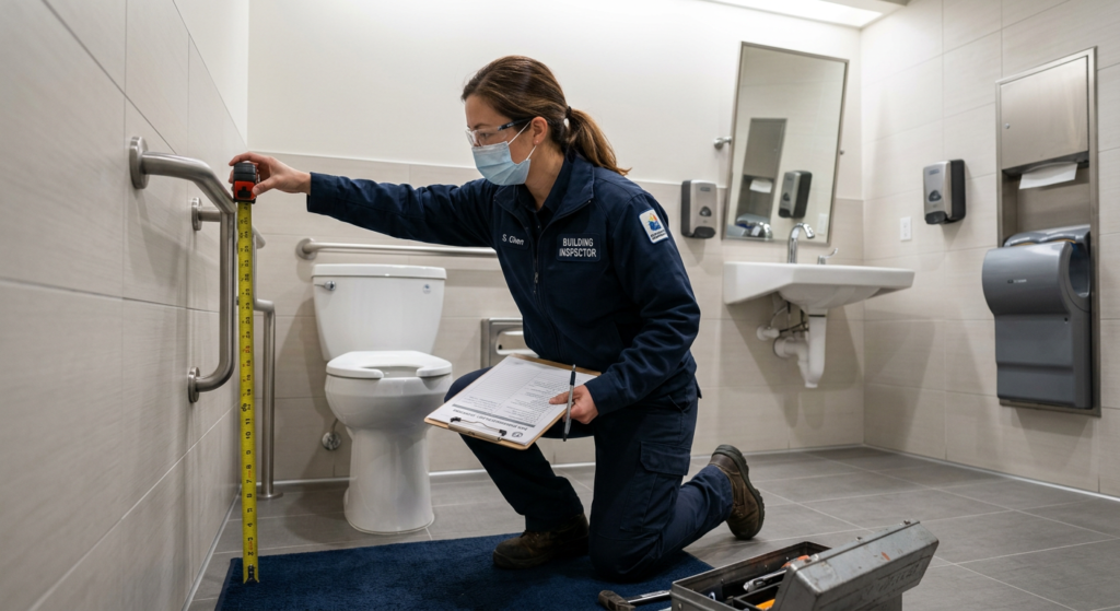 Building inspector checking a bathroom for ADA compliance