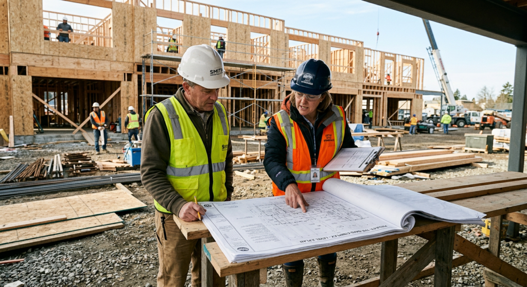 Building inspector discussing plans with a contractor on site