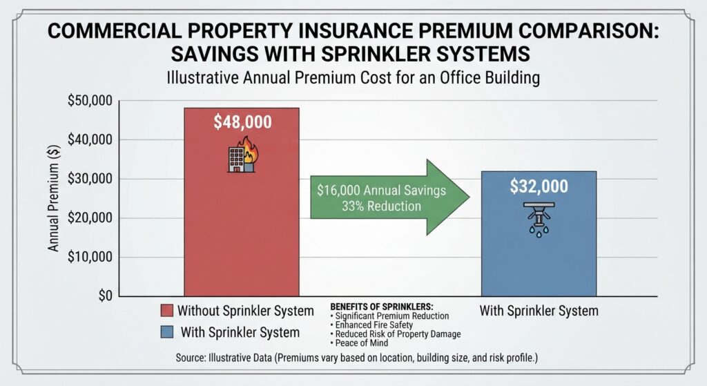 Insurance premium comparison chart showing savings with sprinklers