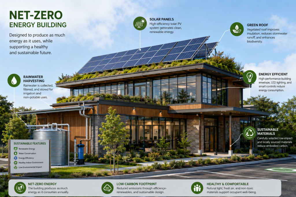 Net-zero energy building with solar panels and green roof