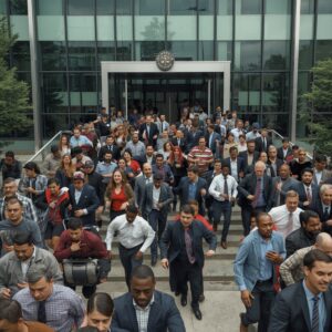 Fire drill with employees evacuating a commercial building