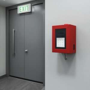 Manual call point mounted near an exit door