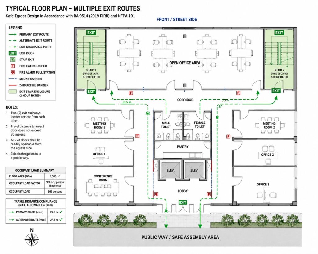 Building floor plan with multiple exit routes