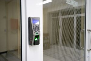 Card reader and keypad on a commercial building door