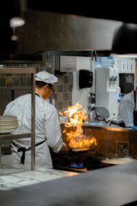 Commercial kitchen with clean exhaust hood and fire suppression system
