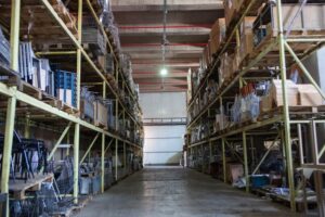 Fire sprinkler system piping and heads in a commercial warehouse
