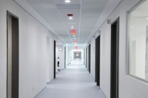 Clear, unobstructed exit corridor in a commercial building