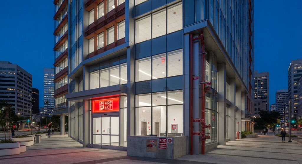 Modern commercial building with visible fire protection features
