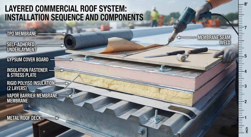 Layers of a commercial roof deck showing insulation and underlayment.