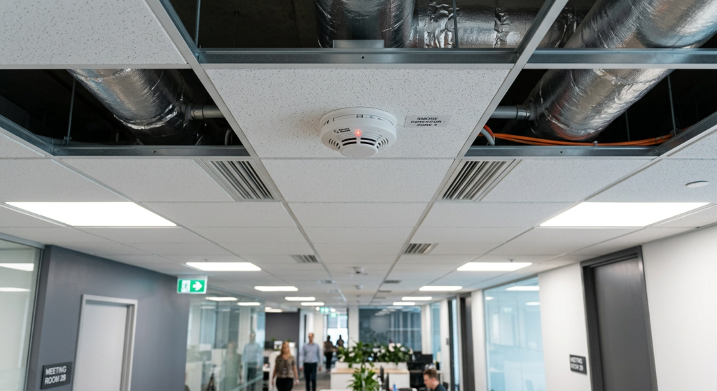 Smoke detector on a commercial building ceiling