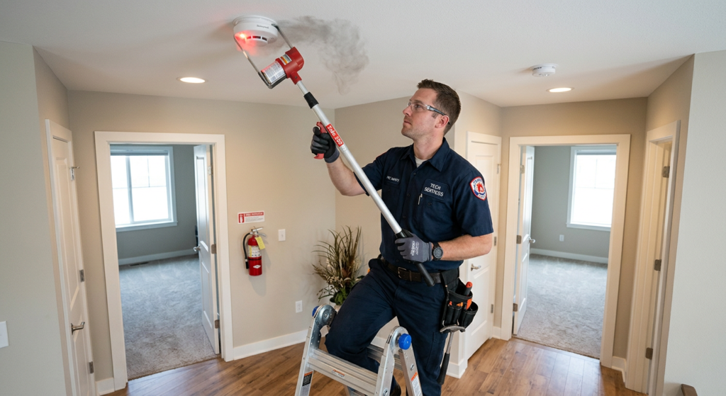 Technician testing a smoke detector with a test aerosol