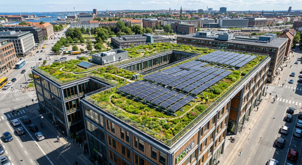 Solar panels and green roof on a commercial building