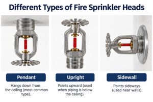Different types of fire sprinkler heads including pendant, upright, and sidewall
