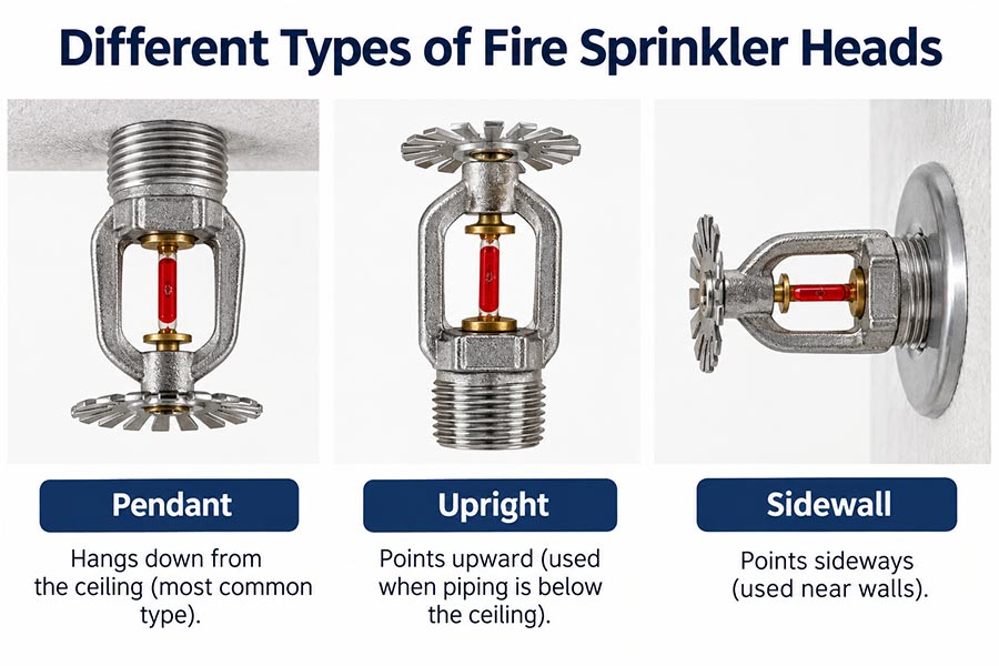 Different types of fire sprinkler heads including pendant, upright, and sidewall