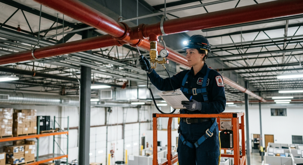 Technician inspecting a commercial fire sprinkler system
