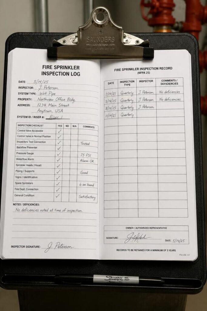 Fire sprinkler inspection log on a clipboard