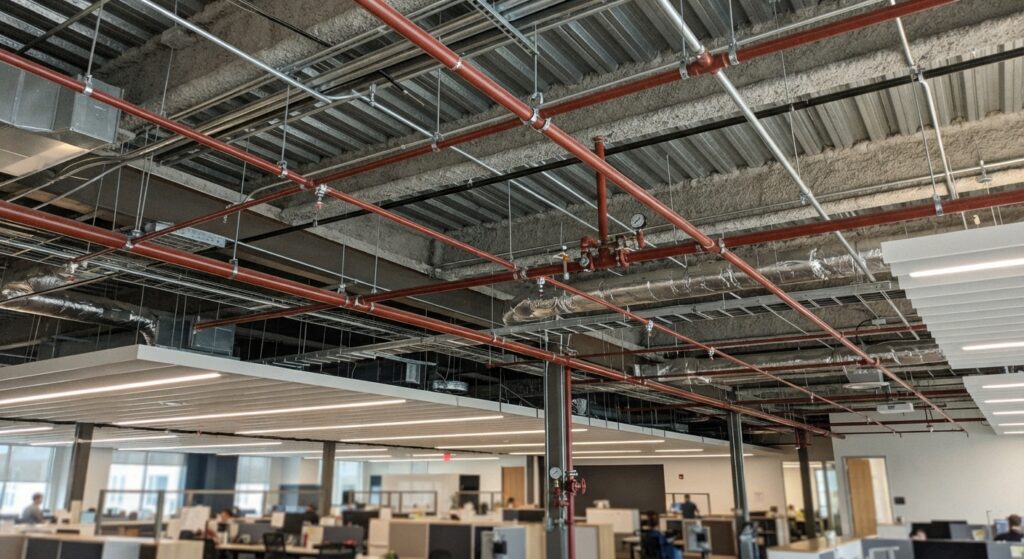 Commercial building ceiling with exposed fire sprinkler piping