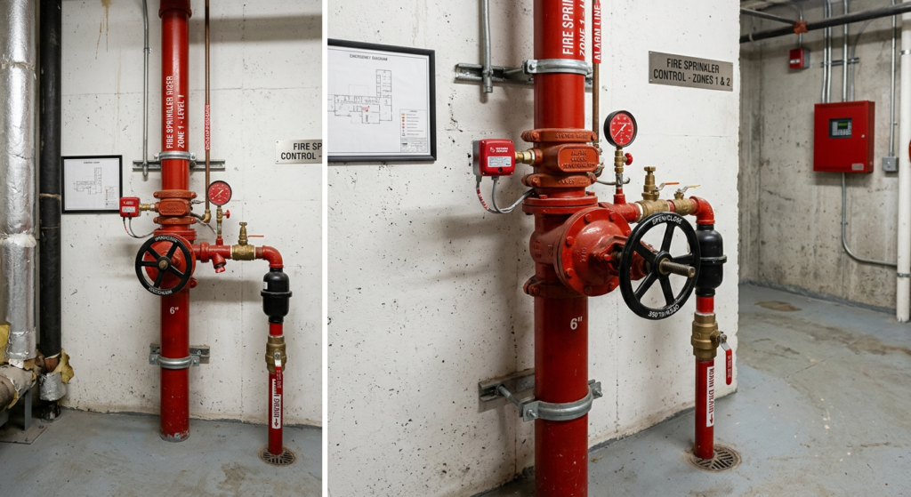 Fire sprinkler riser and control valve in a commercial building