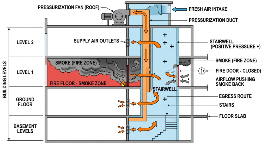 Diagram showing stairwell pressurization preventing smoke from entering the stairwell