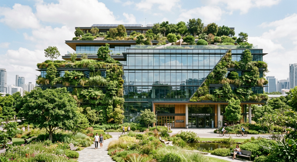 Sustainable commercial building with energy-efficient glass and landscaping