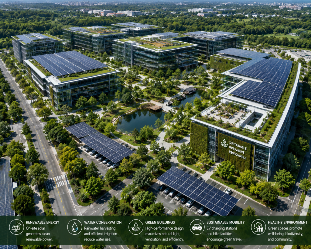 Aerial view of a sustainable commercial campus with green roofs and landscaping