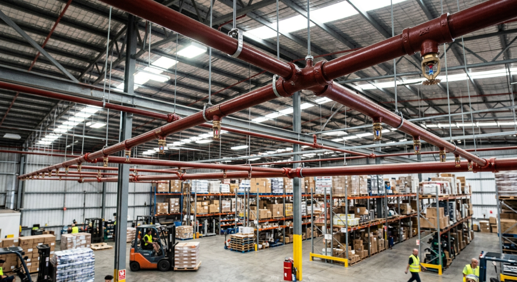 Fire sprinkler system piping and heads in a commercial warehouse