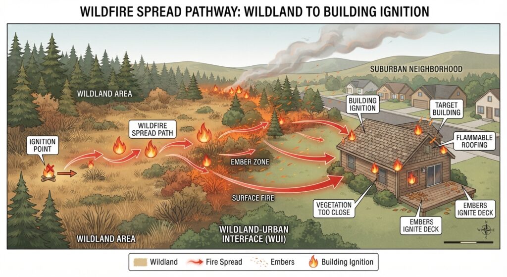 Conceptual illustration of wildfire embers landing on a commercial building roof.