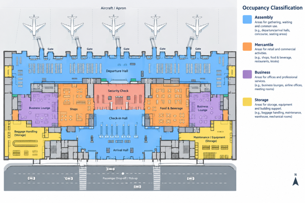 Airport terminal diagram showing mixed occupancy classifications by area
