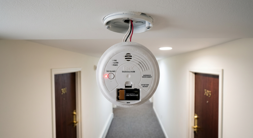Hardwired smoke detector in an apartment hallway with backup battery