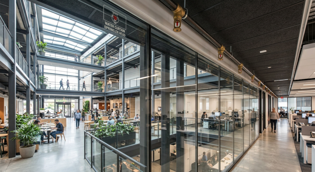 Glass wall separation with sprinkler protection in an atrium