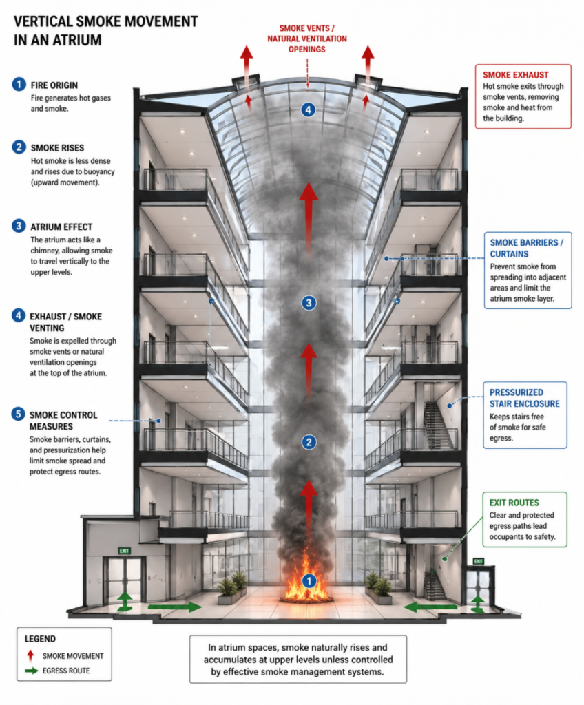 Diagram showing vertical smoke movement in an atrium