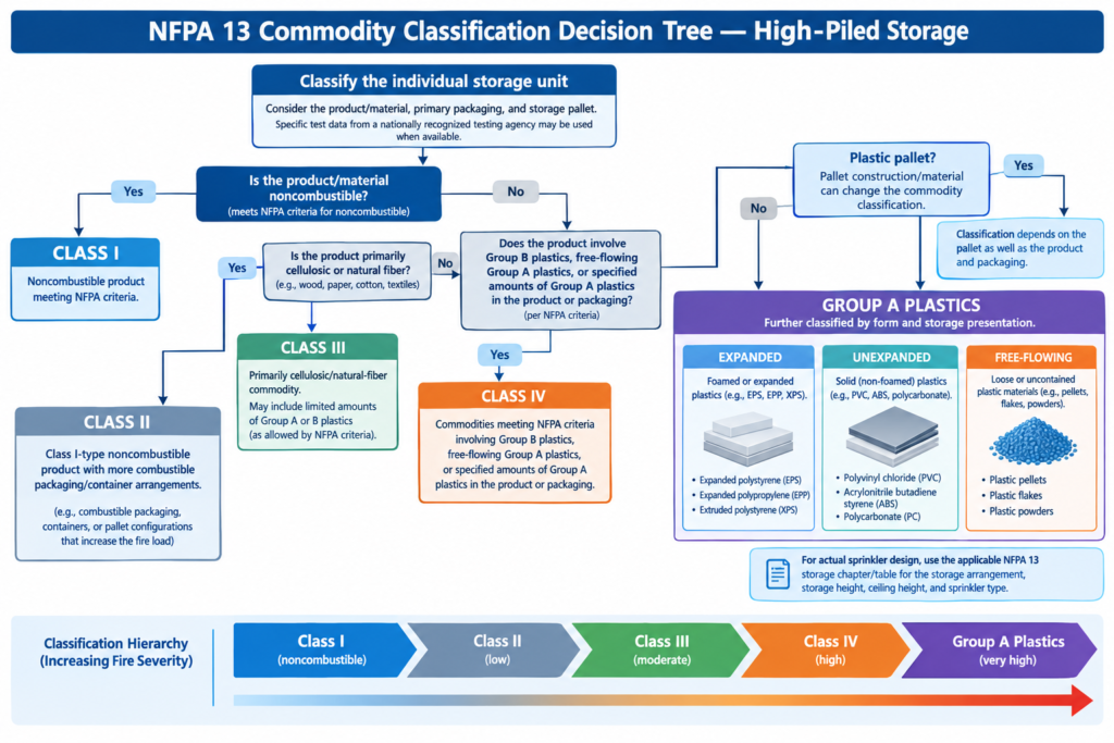 NFPA 13 commodity classification decision tree for high-piled storage