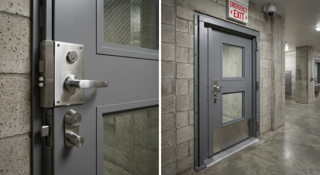 Secure egress door in a correctional facility with detention-grade hardware