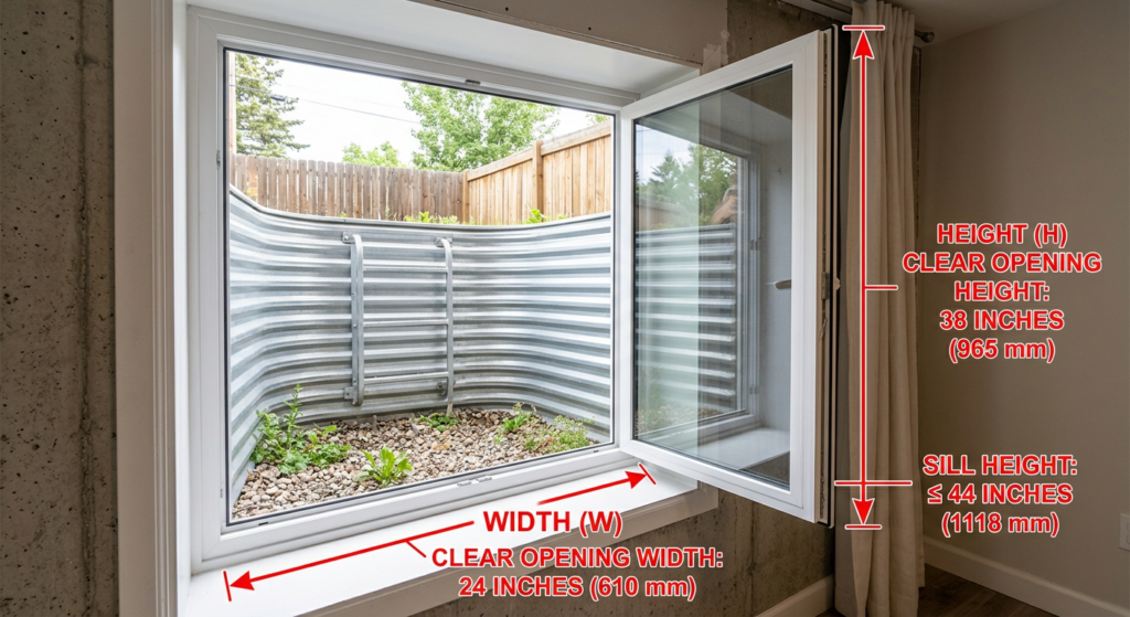 Egress window with clear opening measurements marked