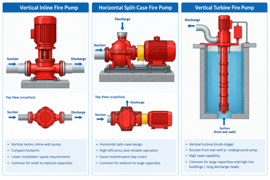 Diagram comparing vertical inline, horizontal split-case, and vertical turbine fire pumps