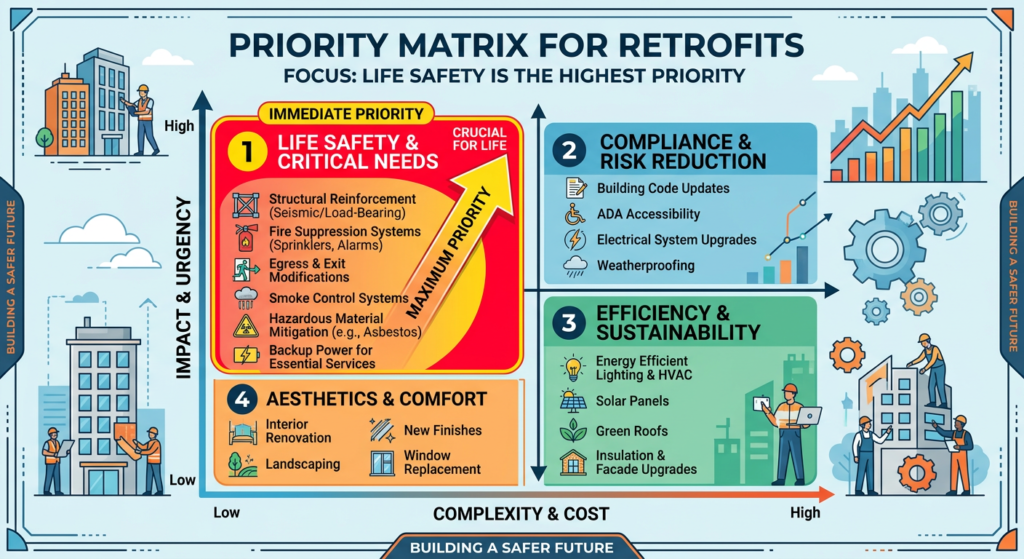 Priority matrix showing life safety as the highest priority for retrofits