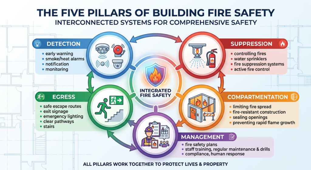 Diagram of five pillars of commercial building fire safety: detection, suppression, compartmentation, egress, and management