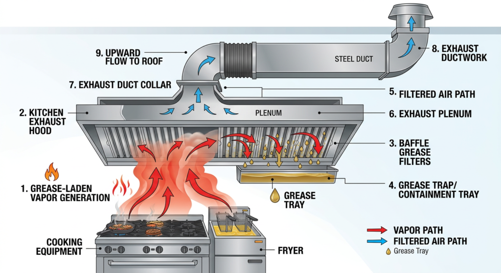 Diagram showing grease-laden vapor path from commercial cooking equipment through exhaust hood and duct