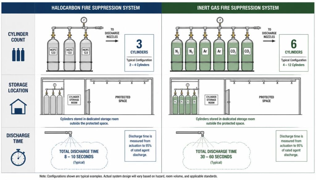 Diagram comparing halocarbon and inert gas clean agent suppression systems