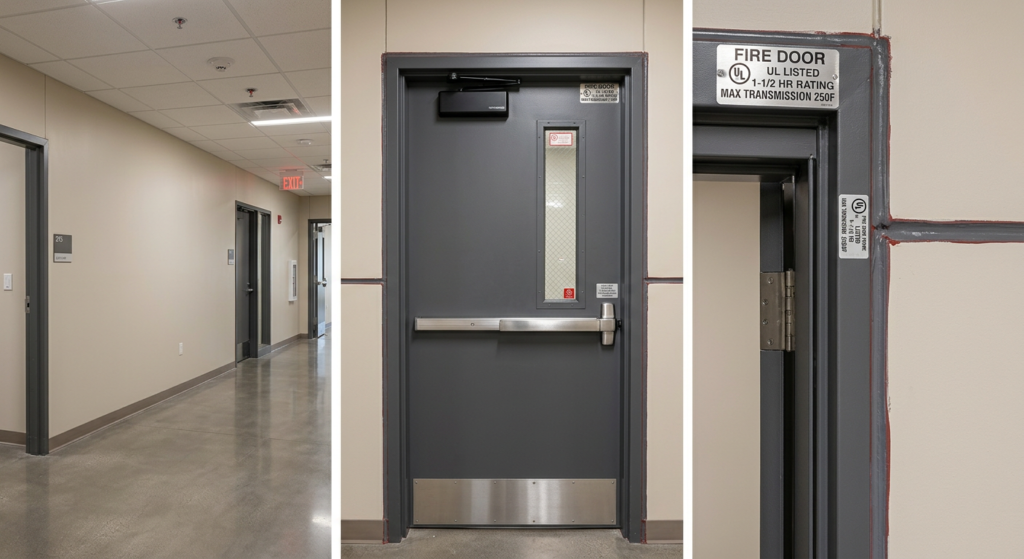 Fire-rated door and wall assembly separating a hazardous area from a corridor