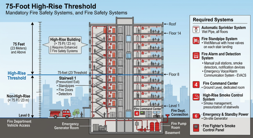 Diagram showing the 75-foot high-rise threshold and required fire safety systems