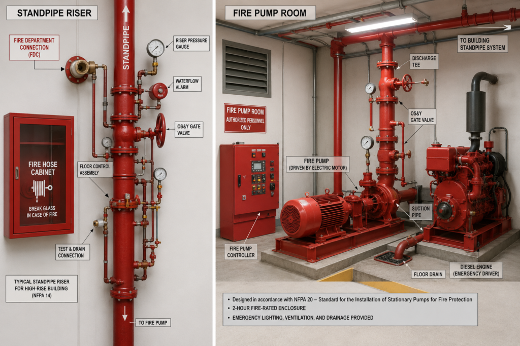 Standpipe riser and fire pump room in a high-rise building