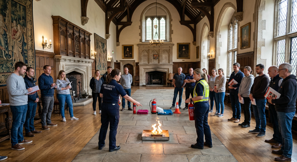 Fire safety training session in a historic building