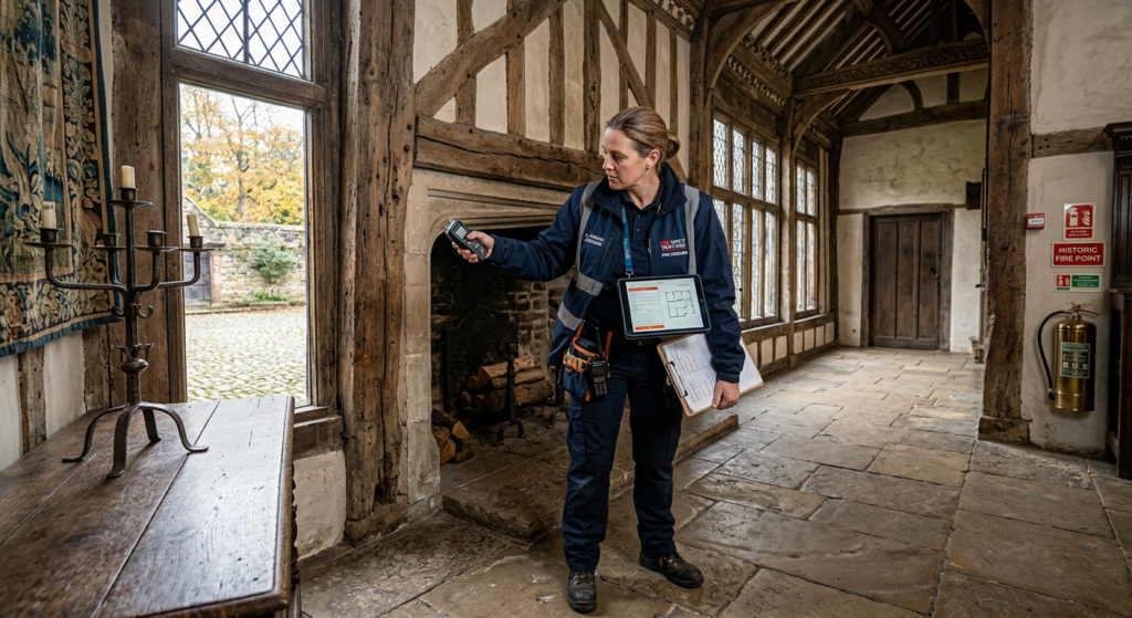 Fire safety professional conducting a risk assessment in a historic building