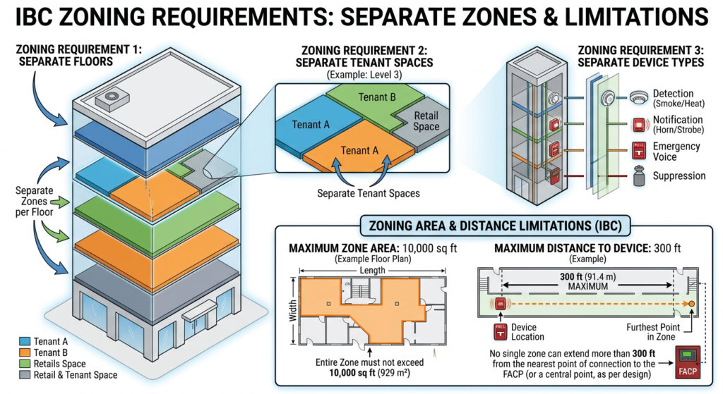 Diagram showing IBC fire alarm zoning requirements with floor and tenant zoning