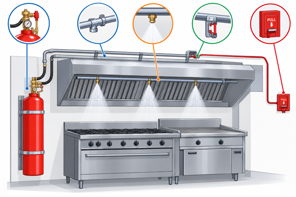 Diagram of kitchen hood suppression system components including agent cylinder and nozzles