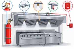Diagram of kitchen hood suppression system components including agent cylinder and nozzles