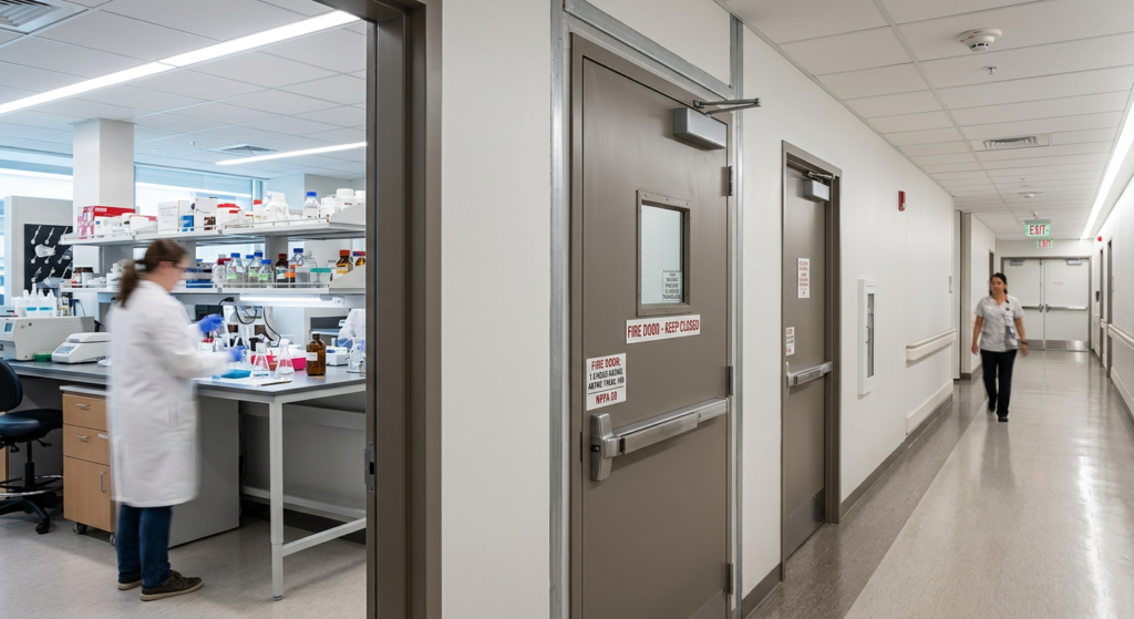 Fire-rated door and wall assembly separating a laboratory from a corridor