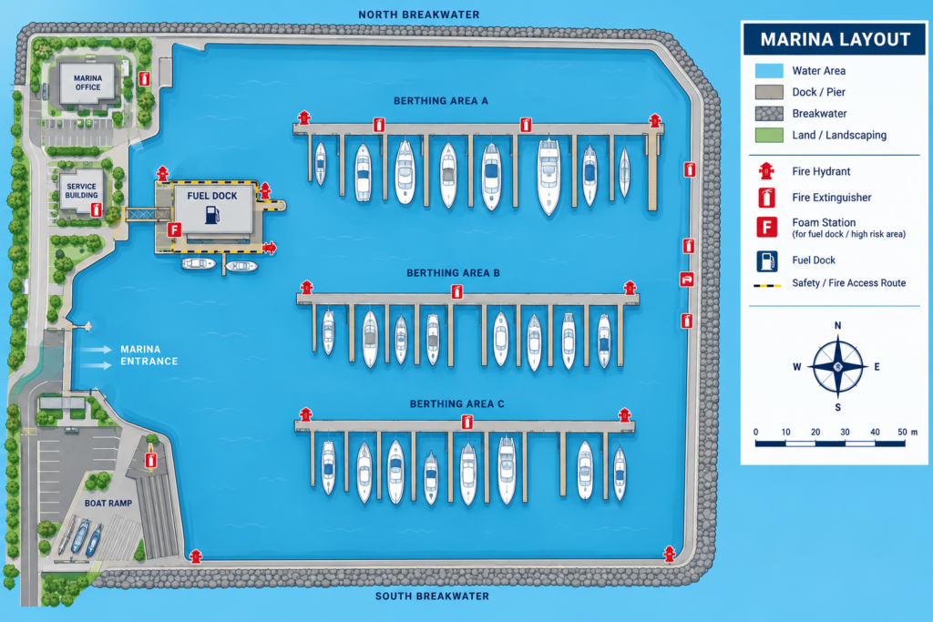 Diagram of marina layout showing fuel dock and fire protection equipment locations