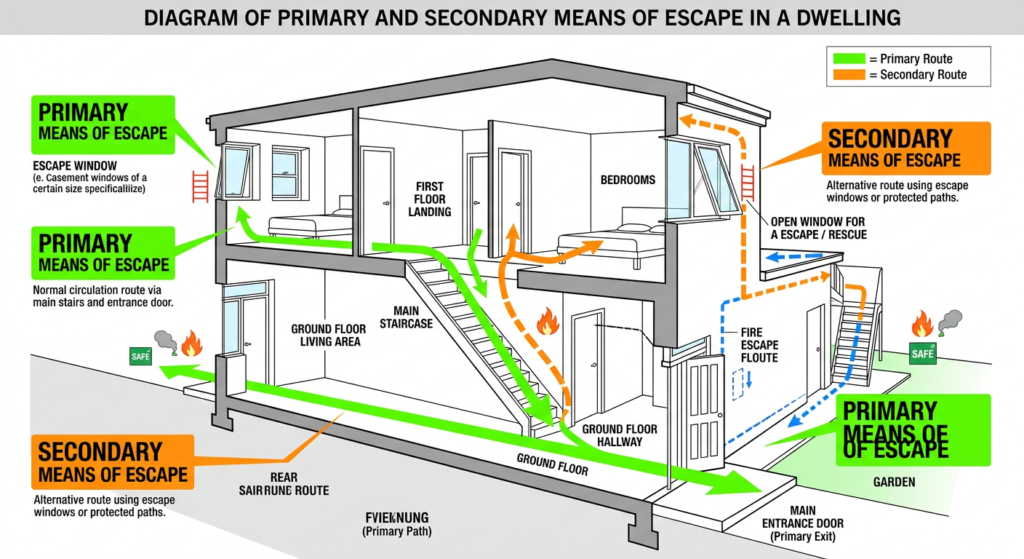 Diagram showing primary and secondary means of escape in a dwelling